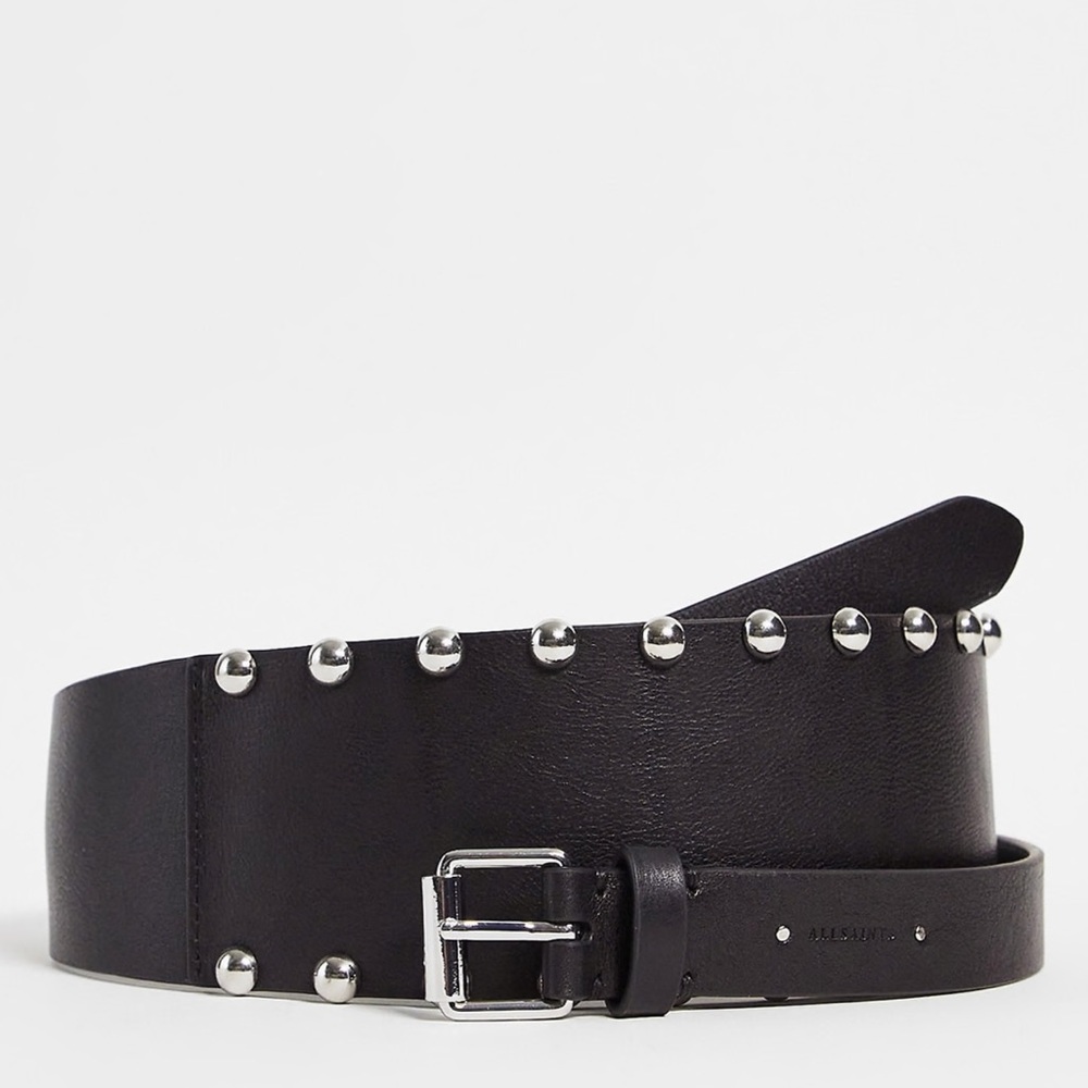 All Saints Alcor Black Leather Studded Belt with Silver Accents - Picture 4 of 9